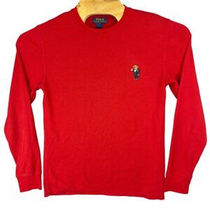 Polo Ralph Lauren Shirt Men M Red Waffle Knit Thermal Long Sleeve Tuxedo Bear
